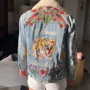 One of a kind Gucci Embroidered Denim Jacket with Real Lamb Shearling